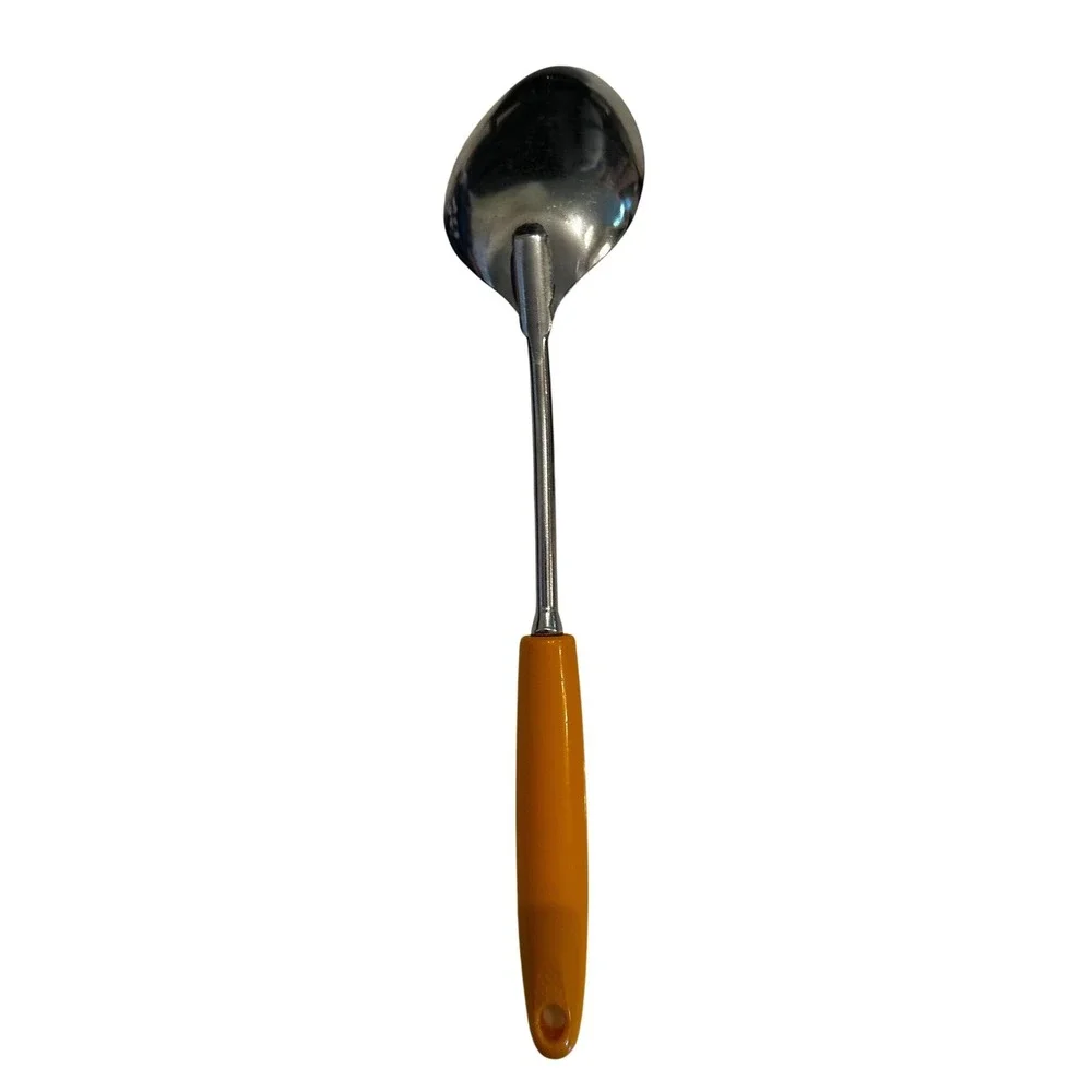 Vintage Retro EKCO Serving Spoon Solid Chromium Plated Yellow Plastic Handle USA
